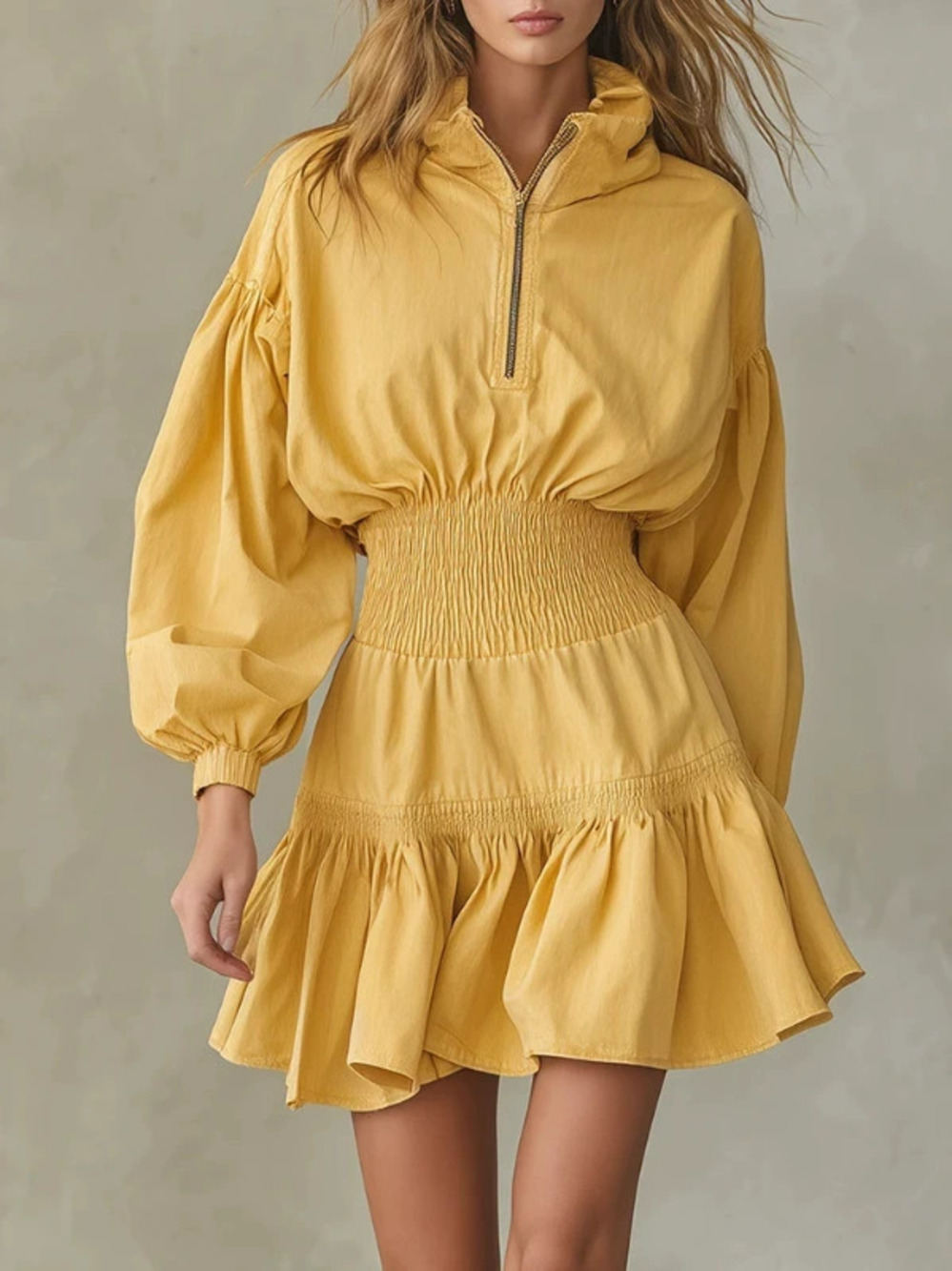 H&M   Womens Casual Stand Collar Half Zip Cinched Waist Pleated Dress